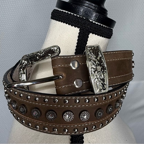 Accessories - Brown Studded Belt with Silver Buckle